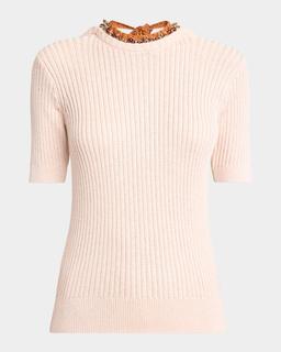Tonia Beaded Short-Sleeve Low-Back Sweater