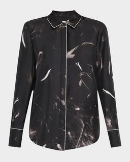 Scottie Piped Abstract-Print Silk Blouse