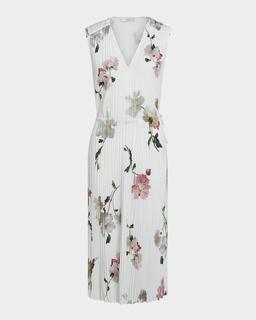 Floral Pleated V-Neck Midi Dress