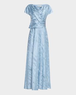 Pleated Dolman-Sleeve Jacquard Gown