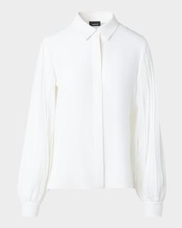 Silk Crepe Pleated-Sleeve Blouse