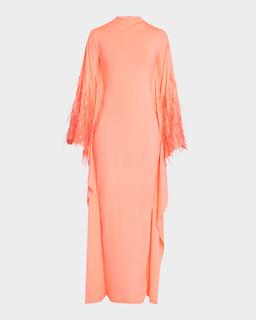 Ostrich Feather Compact Jersey Batwing Gown