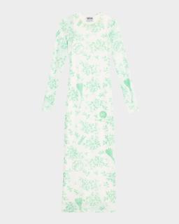 Long-Sleeve Printed Tulle Dress