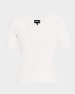 Scalloped Scoop-Neck Stretch Milano Blouse