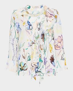 Floral Twist Ruffle Silk Georgette Blouse