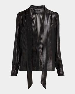 Metallic Striped Lavalliere Plunging Blouse