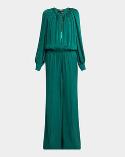 Long-Sleeve Gathered Viscose Crepe Cady Jumpsuit