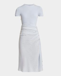 Ruched Monogram Draped Silk Midi Dress