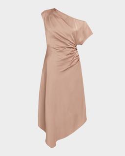 Draped One-Shoulder Crepe Back Satin Midi Dress