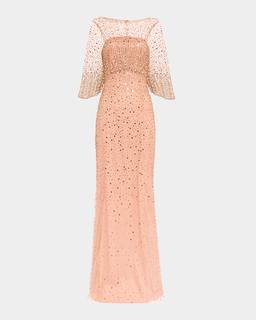 Kiya Embellished Elbow-Sleeve Illusion Gown