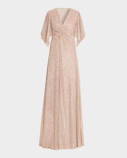 Sprinkled Metallic Voile Cape Twisted Gown