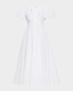 Pril Flower Organdi Puff-Sleeve Midi Dress