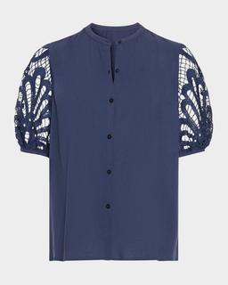 Gia Open-Knit Short-Sleeve Blouse