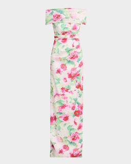 Off-Shoulder Pleated Mikado Column Gown