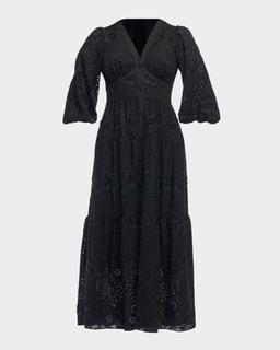 Sicily 3/4-Sleeve Floral Embroidered Midi Dress