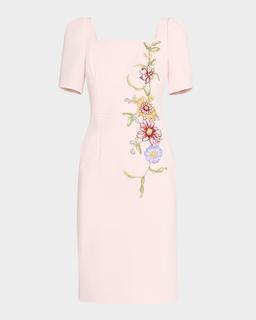 Floral Applique Stretch Crepe Dress