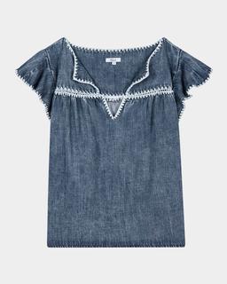 Tafia Embroidered Flutter-Sleeve Blouse