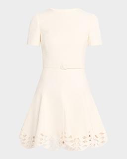 Short-Sleeve Cutout-Hem Tweed Mini Dress With Belt