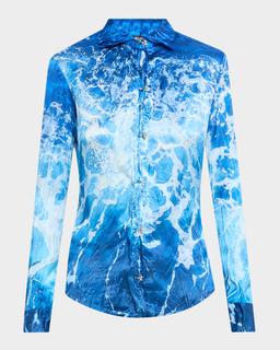 Sicily Ocean-Print Crinkle Silk Blouse