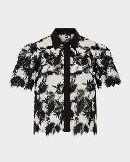 Addison Button-Front Two-Tone Lace Top