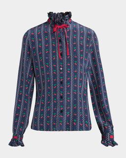 Cherry Polka-Dot Striped Crepe De Chine Shirt