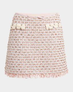 Fringed Ribbon-Trim Tweed Mini Skirt