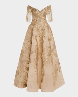 Metallic Embroidered Off-The-Shoulder Ball Gown