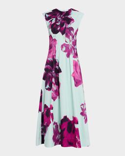 Electric Floral Print Poplin Pleated Midi Dress