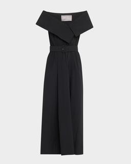 Asymmetric Cuff Belted Cotton Poplin Midi Dress