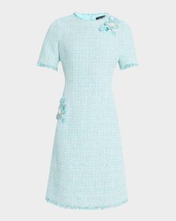 Fringe-Trim Floral Applique Tweed Dress