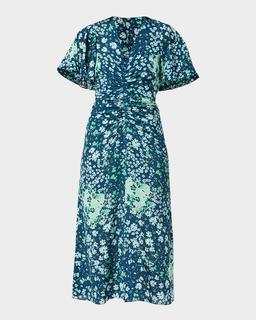 Drew Ruched Floral-Print Midi Dress