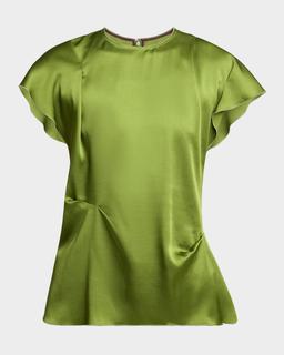 Draped Pleat Flutter-Sleeve Top