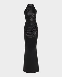 Hudrix Draped Mock-Neck Halter Column Gown