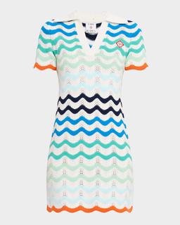 Wavy Crochet Knit Mini Polo Dress
