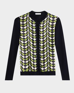Geo-Print Silk Insert Crewneck Cardigan
