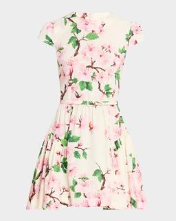 Short-Sleeve Cherry Blossom Poplin Mini Dress With Belt