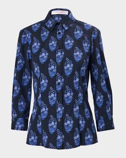 Bouquet-Print Button-Down Icon Blouse