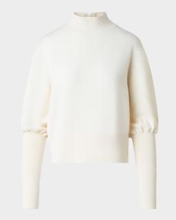 Mock Neck Blouson-Sleeve Cashwool Sweater