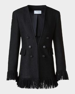Double-Breasted Illusion Boucle Tweed Fringed Jacket