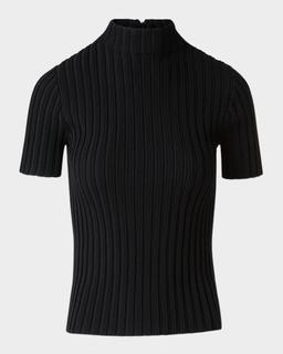 Mock-Neck Short-Sleeve Reverse Rib Knit Sweater
