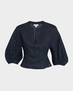Remi Cropped Blouson-Sleeve Linen Blouse