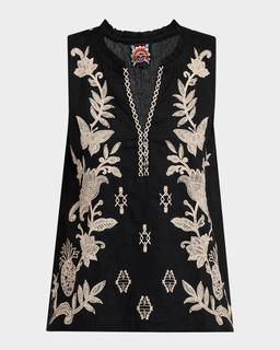 Orla Floral-Embroidered Linen Tank