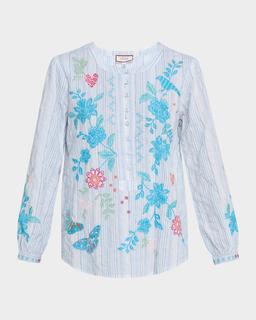 Field Striped Floral-Embroidered Henley Blouse