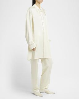 Lattice-Inset Button-Down Tunic Shirt