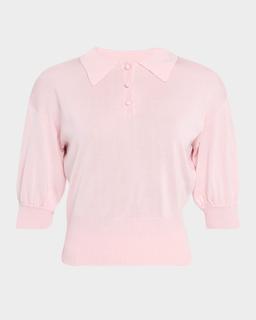 Camile Puff-Sleeve Silk-Cashmere Polo Top