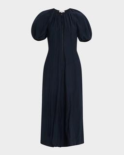 Neli Blouson-Sleeve Ruched Maxi Dress