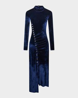 Mock-Neck Asymmetric Ruched Velvet Midi Dress