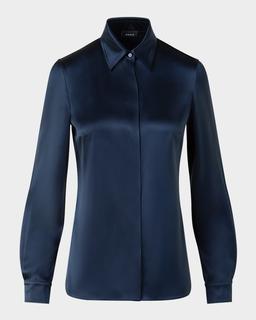 Stretch Silk Satin Button-Down Blouse