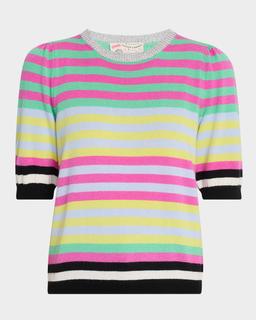 Striped Puff-Sleeve Wool-Cashmere Crewneck Sweater