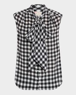 Gingham Silk Sleeveless Neck-Tie Blouse